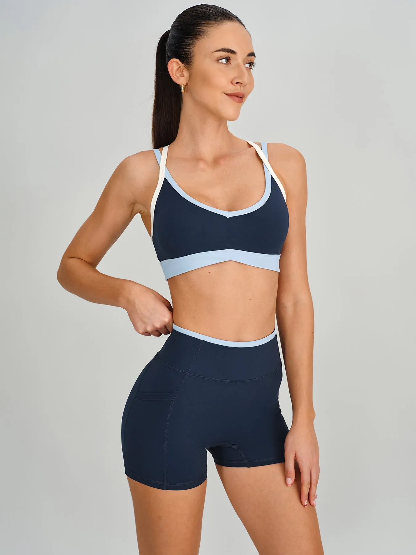 Navy Double Strap Contrast X Cross Sports Bra - Light Support sold by BERLOOK