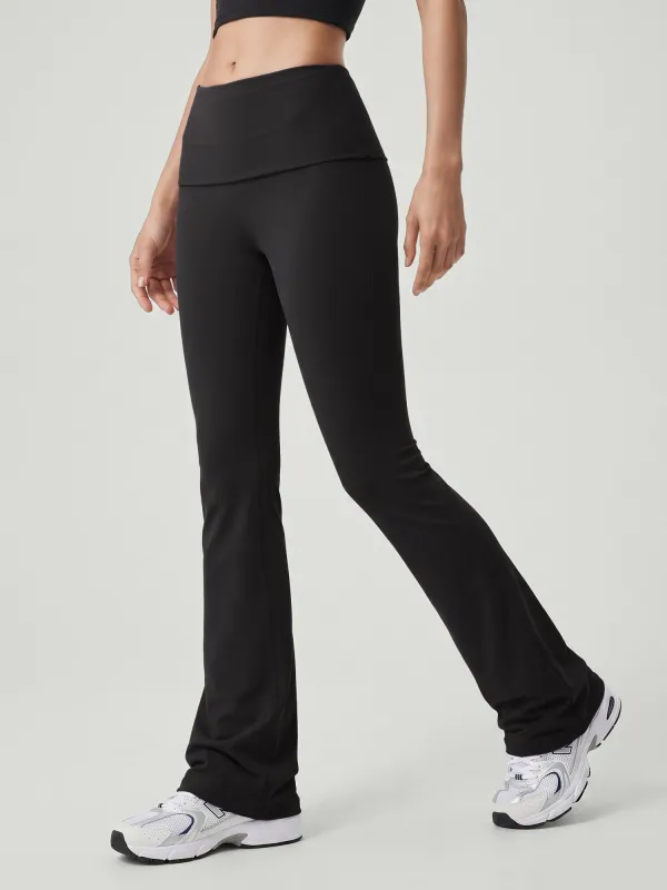 Black Fold Waist Flared Yoga Pants 31" made by BERLOOK
