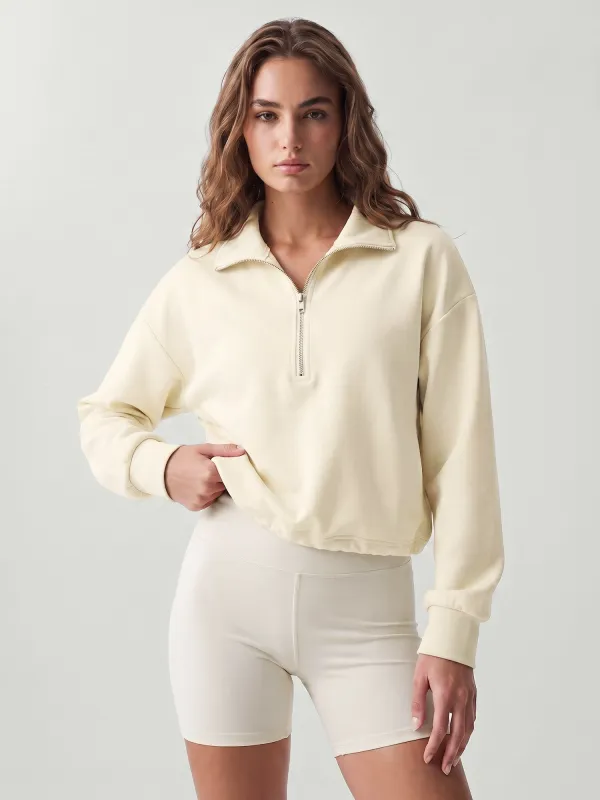 Cream Half Zip Collar Long Sleeve Top - Light Support made by BERLOOK
