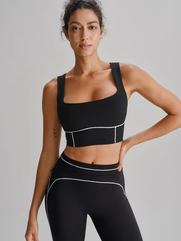 Black Square Neck Contrast Trim Sports Bra made by BERLOOK