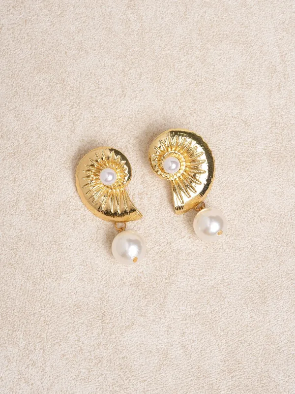 Gold Nautilus Pearl Drop Earrings made by BERLOOK