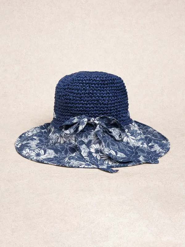 Navy Floral Print Bow Straw Hat made by BERLOOK