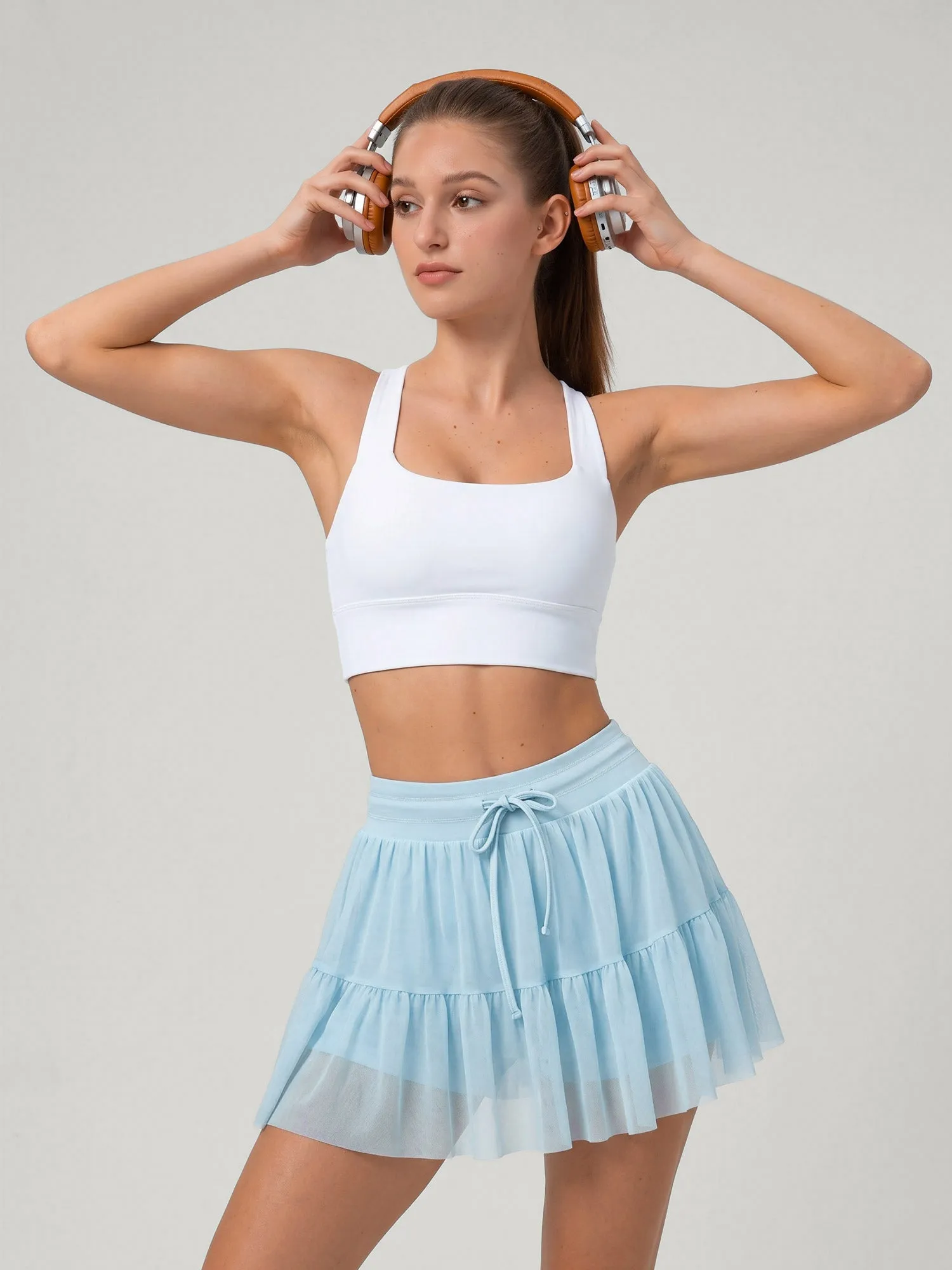 Light Blue Drawstring Tiered Mesh Sport Skirt sold by BERLOOK product image thumbnail 4