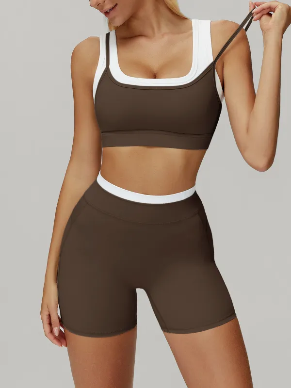 Coffee U Neck Contrast Trim Sports Bra - Light Suppor made by BERLOOK