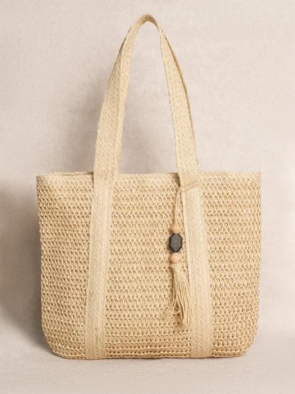 Off White Straw Tote Bag made by BERLOOK