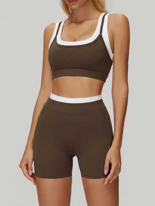 Coffee U Neck Contrast Trim Sports Bra - Light Support made by BERLOOK