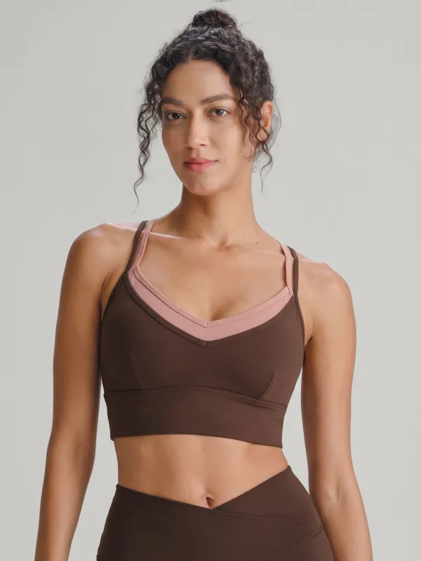 Coffee Contrast Cross Back Sports Bra - Light Support made by BERLOOK