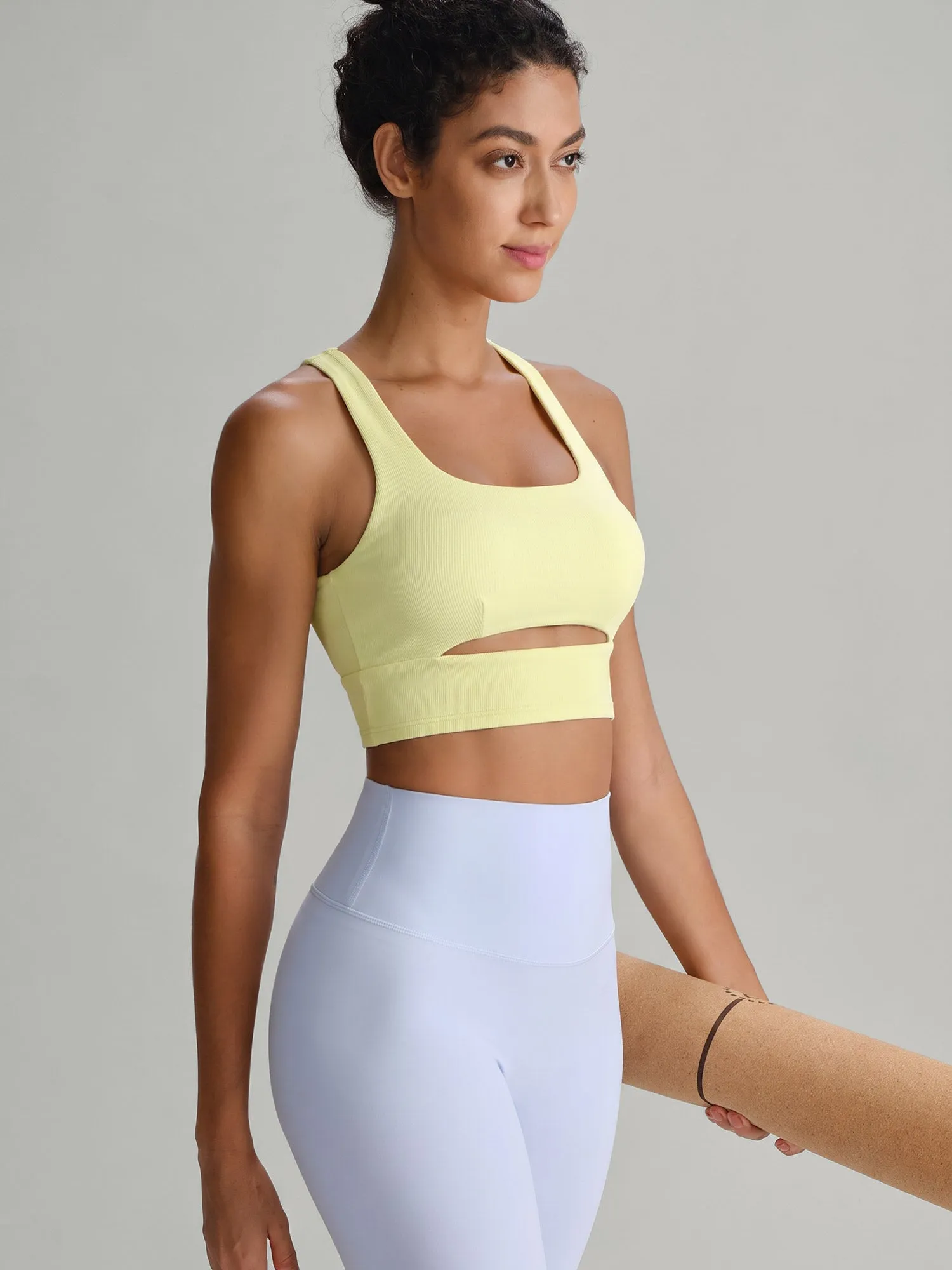 Light Yellow Ribbed Cutout U‑Neck Sports Bra sold by BERLOOK product image thumbnail 4