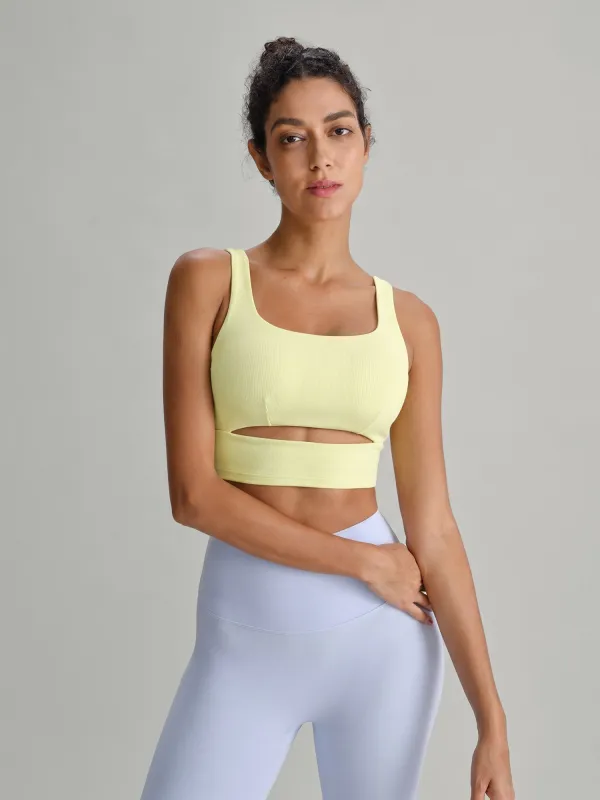 Light Yellow Ribbed Cutout U‑Neck Sports Bra made by BERLOOK