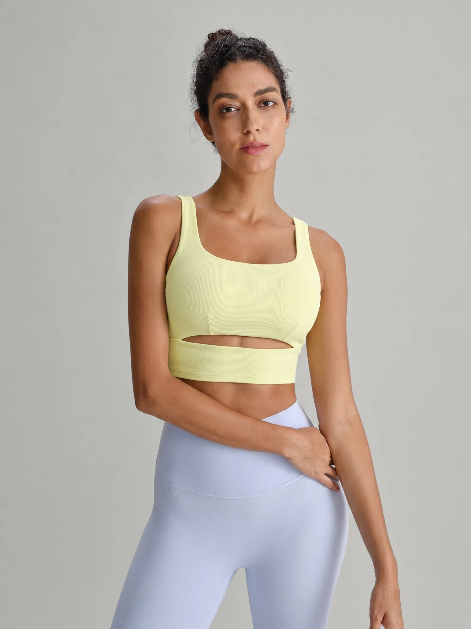 Light Yellow Ribbed Cutout U‑Neck Sports Bra sold by BERLOOK
