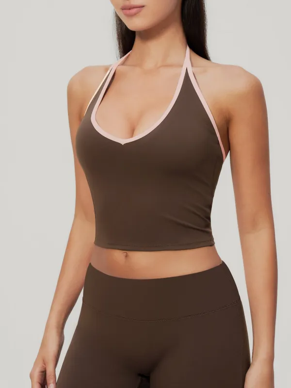 Coffee Contrast Trim Halter Tank Top - Light Support made by BERLOOK