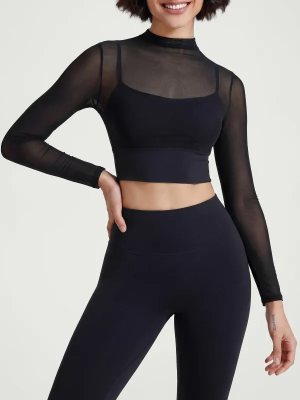 Black Turtle Neck Mesh Long Sleeve Top - Light Support made by BERLOOK