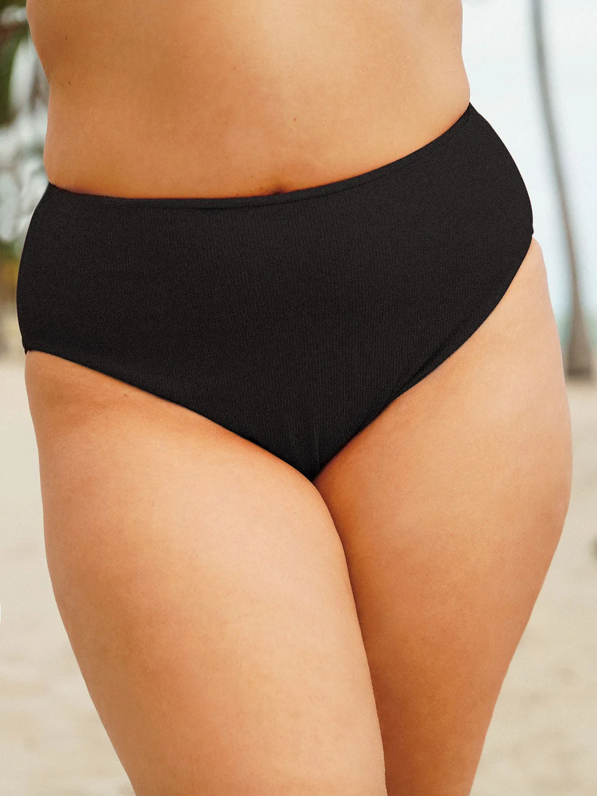 Black Ribbed Plus Size Bikini Bottom sold by BERLOOK