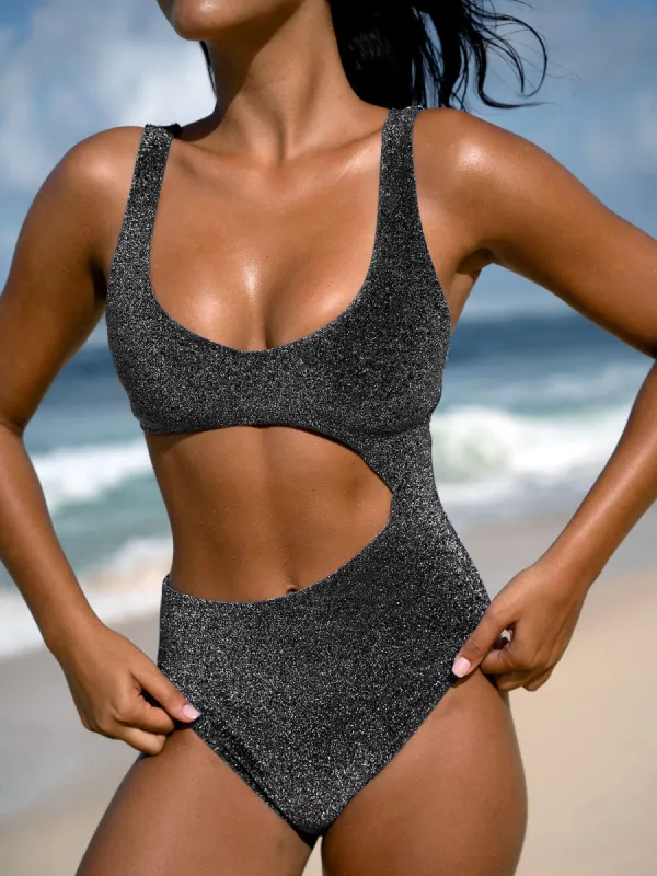 Black Lurex Cut Out One-Piece Swimsuit sold by BERLOOK