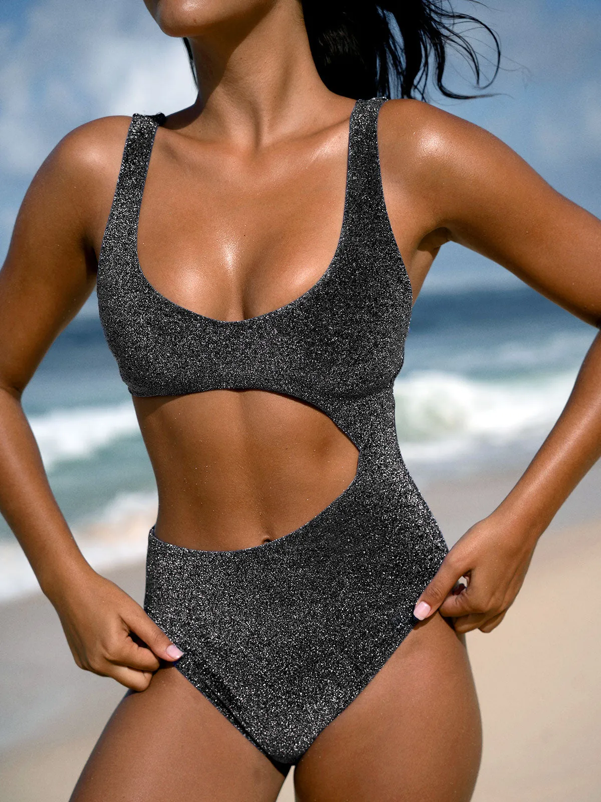 Black Lurex Cut Out One-Piece Swimsuit | Parallel