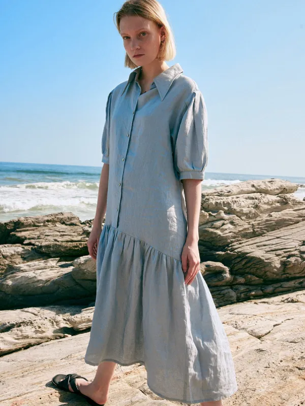 Ruffle Hem Linen Shirt Dress sold by BERLOOK