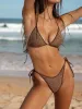 Brown Crochet Halter Triangle Bikini Top sold by BERLOOK