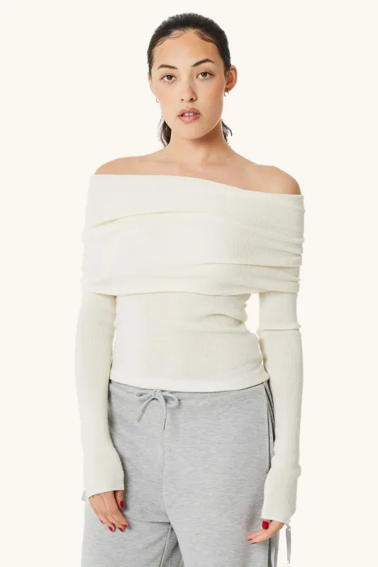Grace Off-The-Shoulder Knit Sweater in Off White sold by FIND ME NOW