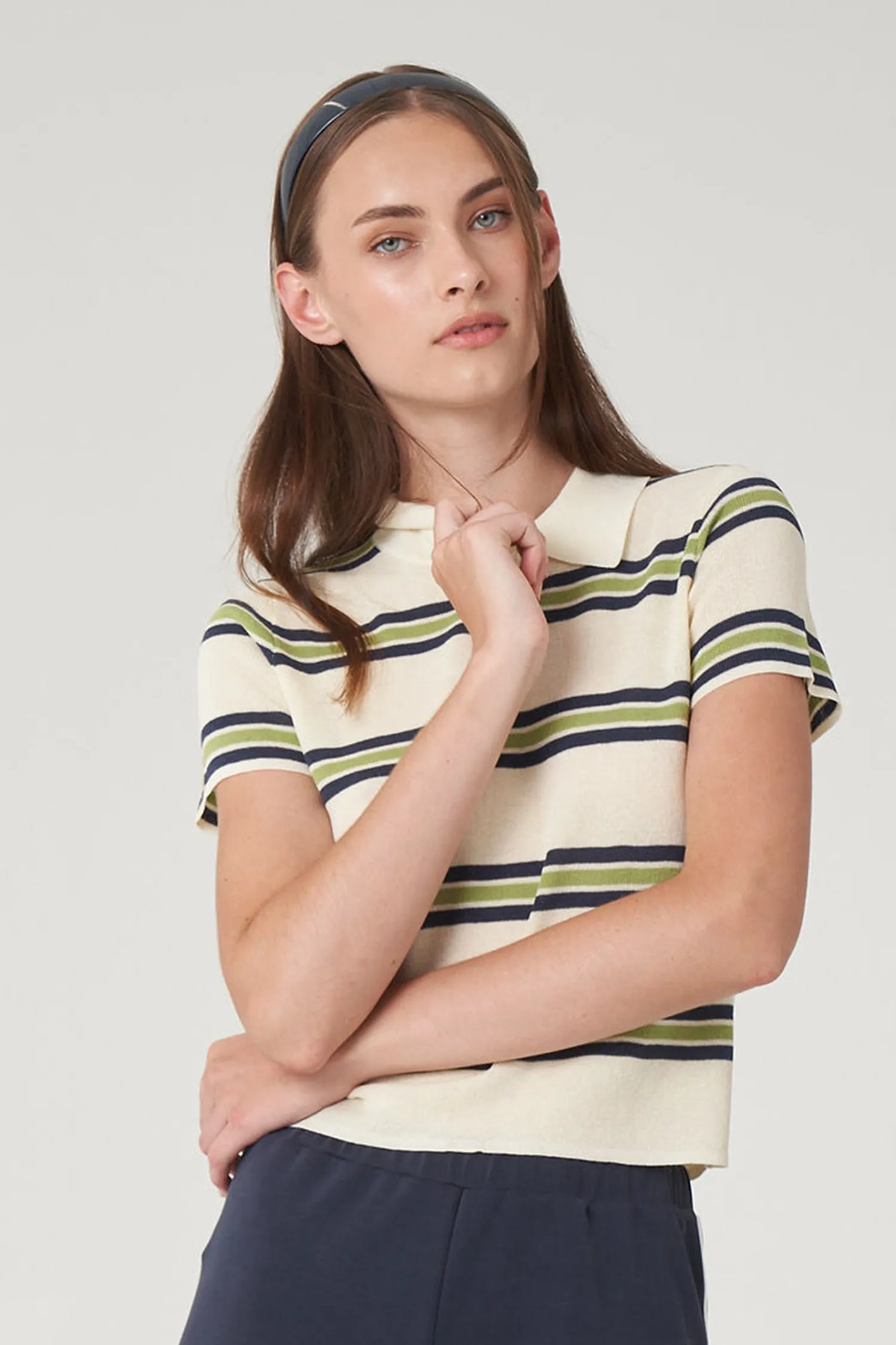 Olive Knit Polo in Green and Cream Stripe sold by FIND ME NOW product image thumbnail 2