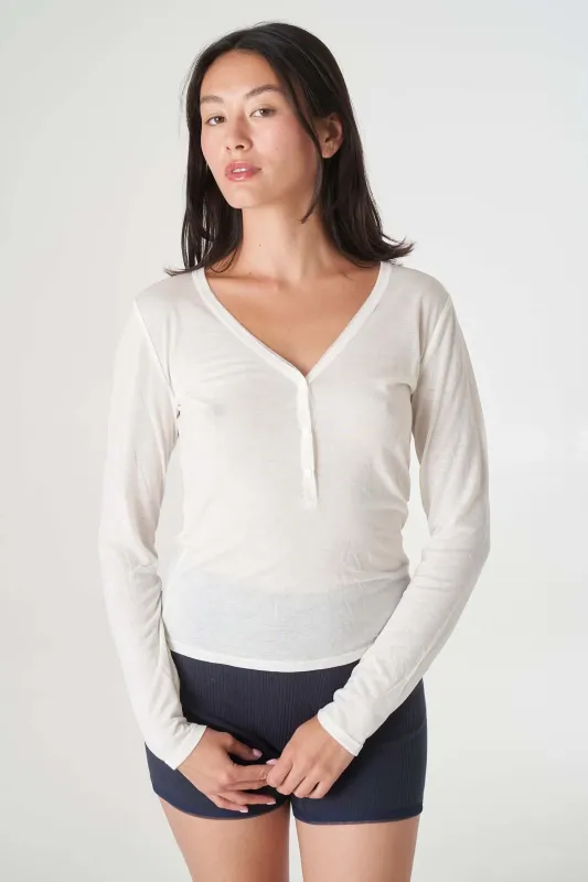 Tencel Blend Henley Tee in White sold by FIND ME NOW