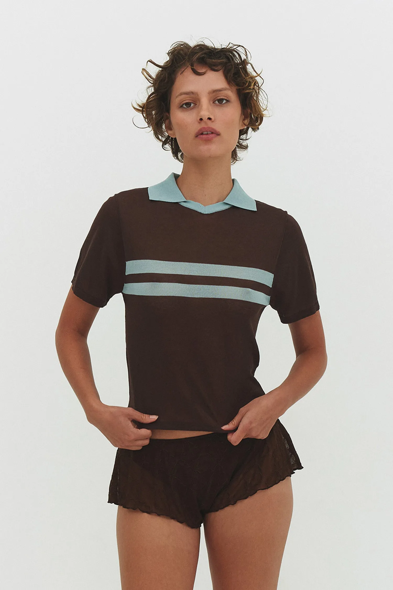 ARACI KNIT POLO TOP IN COCOA CREAM sold by FIND ME NOW