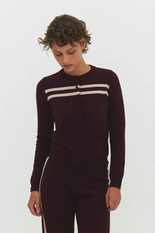 CASHMERE WOOL STRIPE CARDIGAN IN RASPBERRY CREAM made by FIND ME NOW