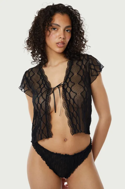 Embroidered Lace Tie Front Cropped Tee sold by FIND ME NOW