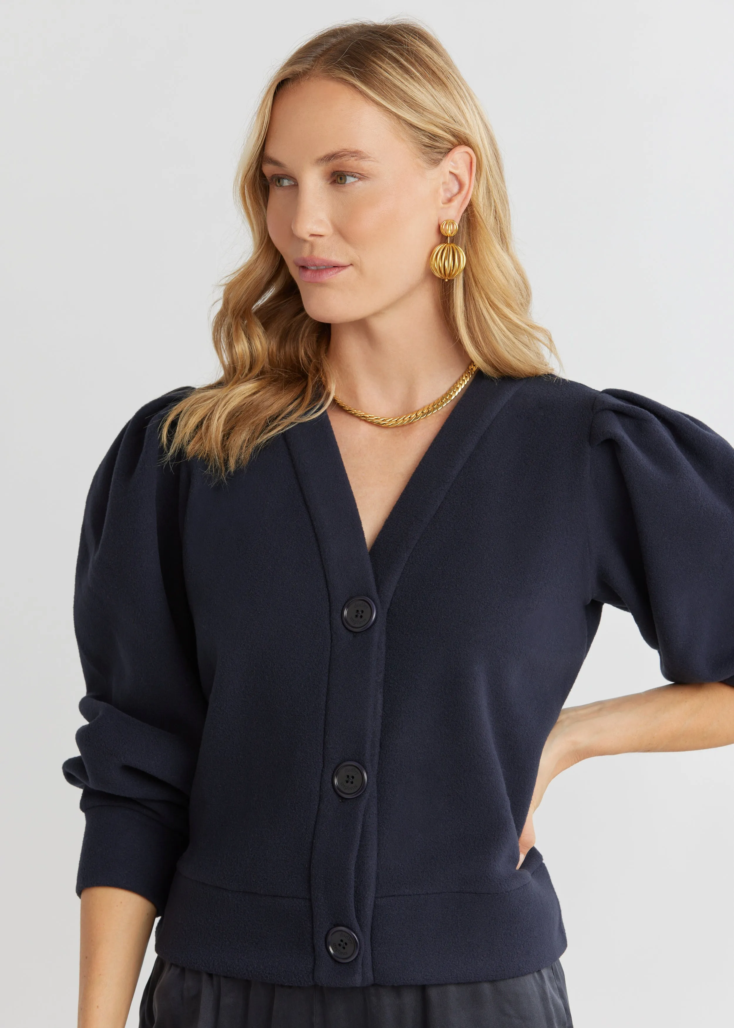 Kelly Puff Sleeve Cardigan in Vello Fleece (Navy) sold by Dudley Stephens product image thumbnail 3