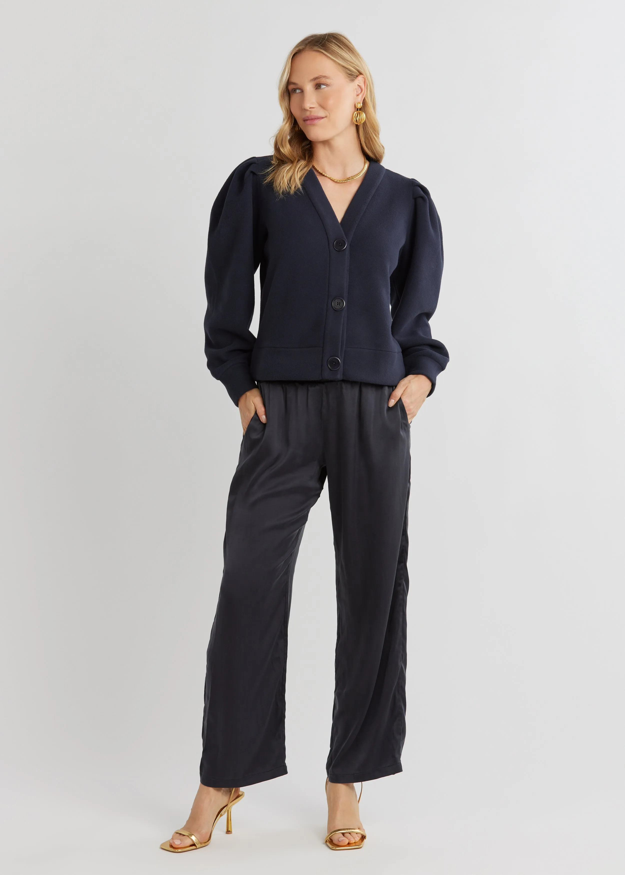 Kelly Puff Sleeve Cardigan in Vello Fleece (Navy) sold by Dudley Stephens product image thumbnail 2