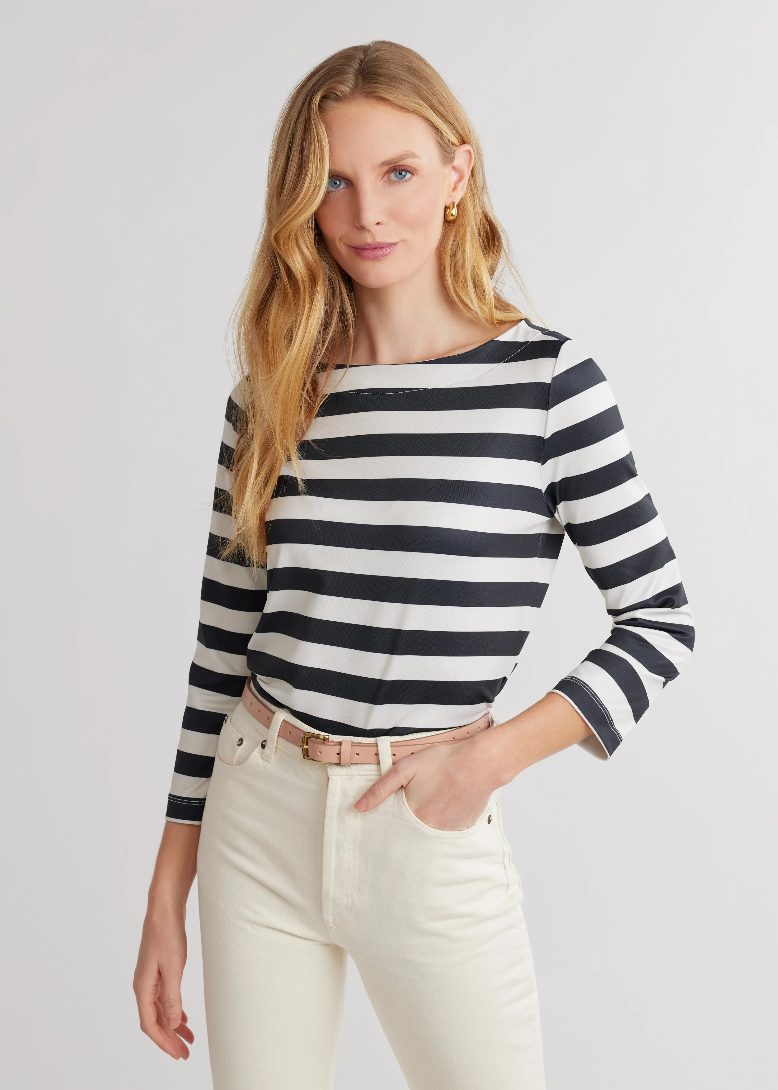 Bar Harbor Boatneck in Luxe Stretch (Black/Cream Cabana Stripe) sold by Dudley Stephens