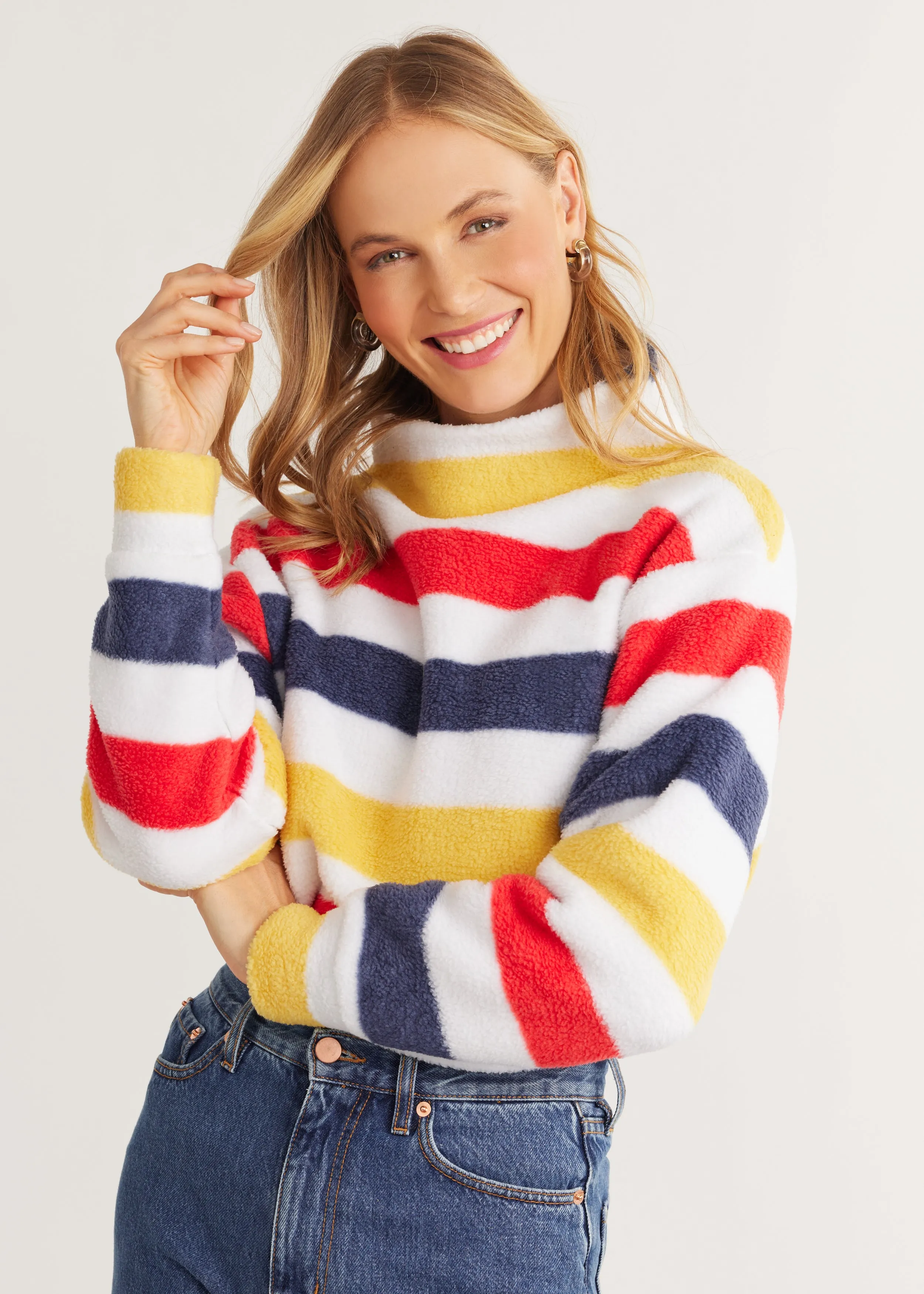 Demi Mock Neck in Sherpa Fleece (Camp Stripe) sold by Dudley Stephens