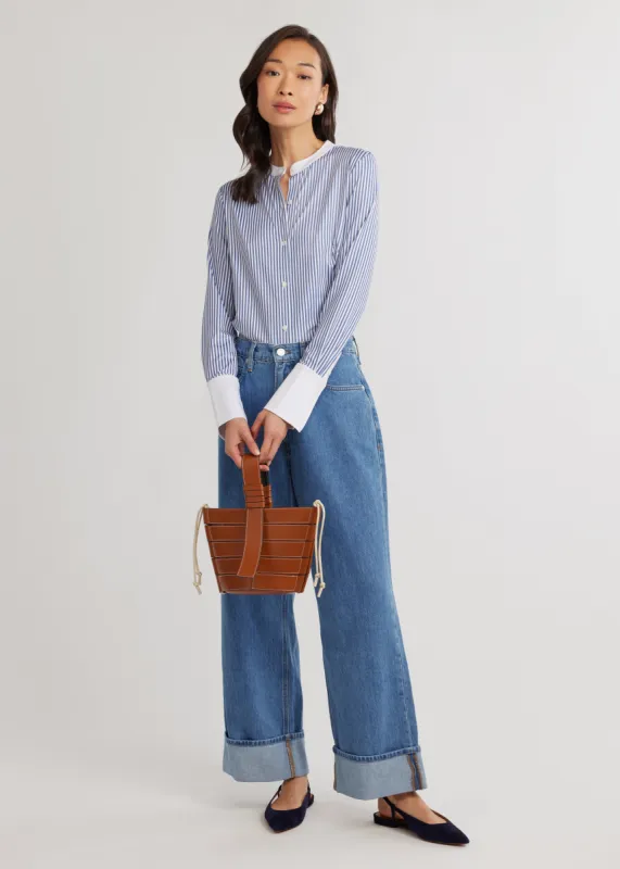 Edie Button Down in Luxe Stretch (Blue Pinstripe) sold by Dudley Stephens