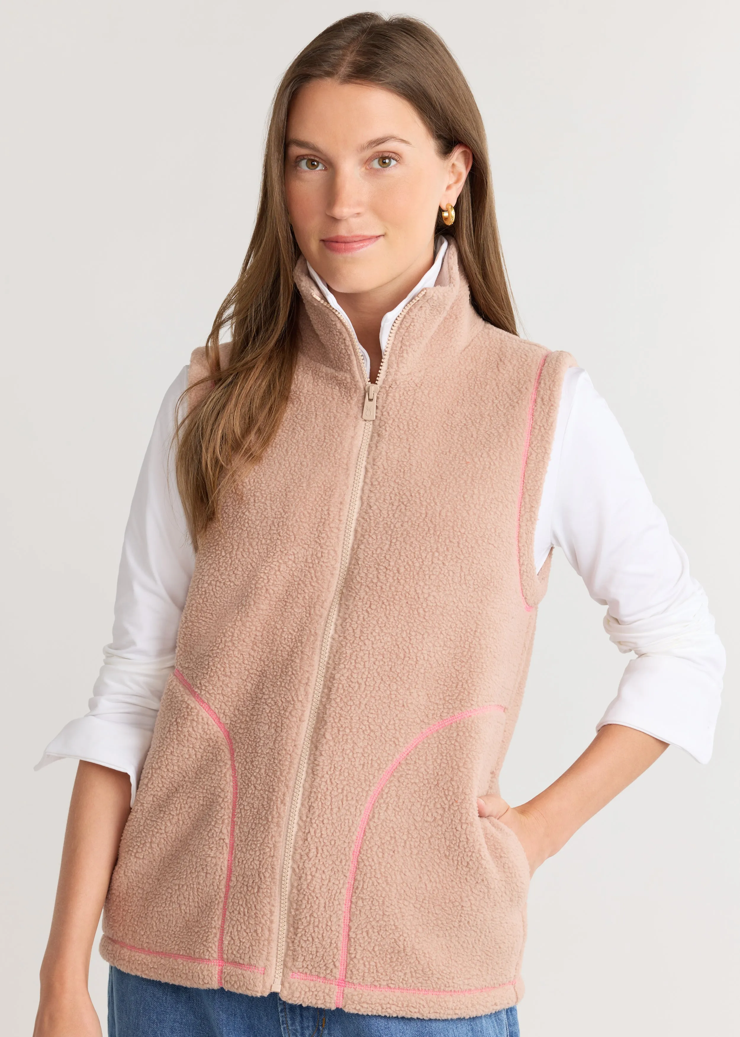 Hayes Vest in Sherpa Fleece (Khaki/Neon Pink) sold by Dudley Stephens