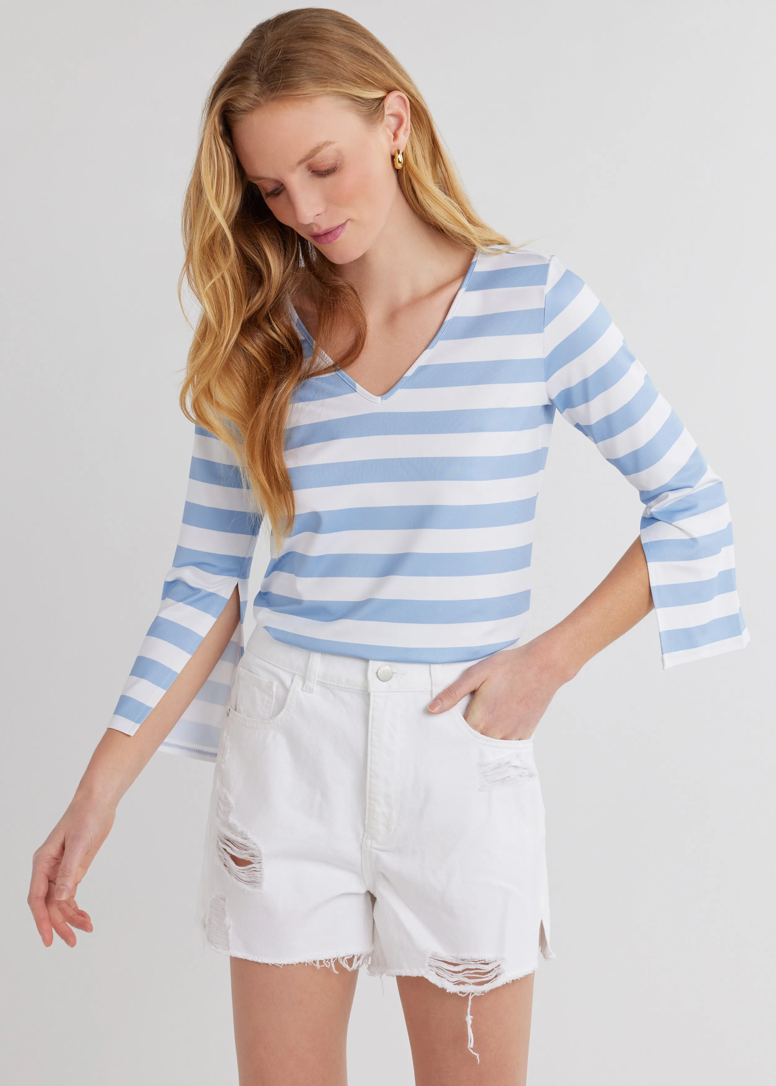 Bayberry Top in Luxe Stretch (Blue Cabana Stripe) sold by Dudley Stephens