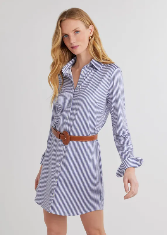 Beaufort Shirt Dress in Luxe Stretch (Blue Pinstripe) sold by Dudley Stephens