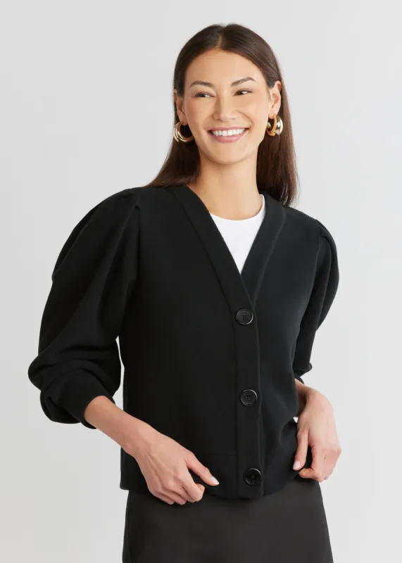 Kelly Puff Sleeve Cardigan in Vello Fleece (Black) sold by Dudley Stephens