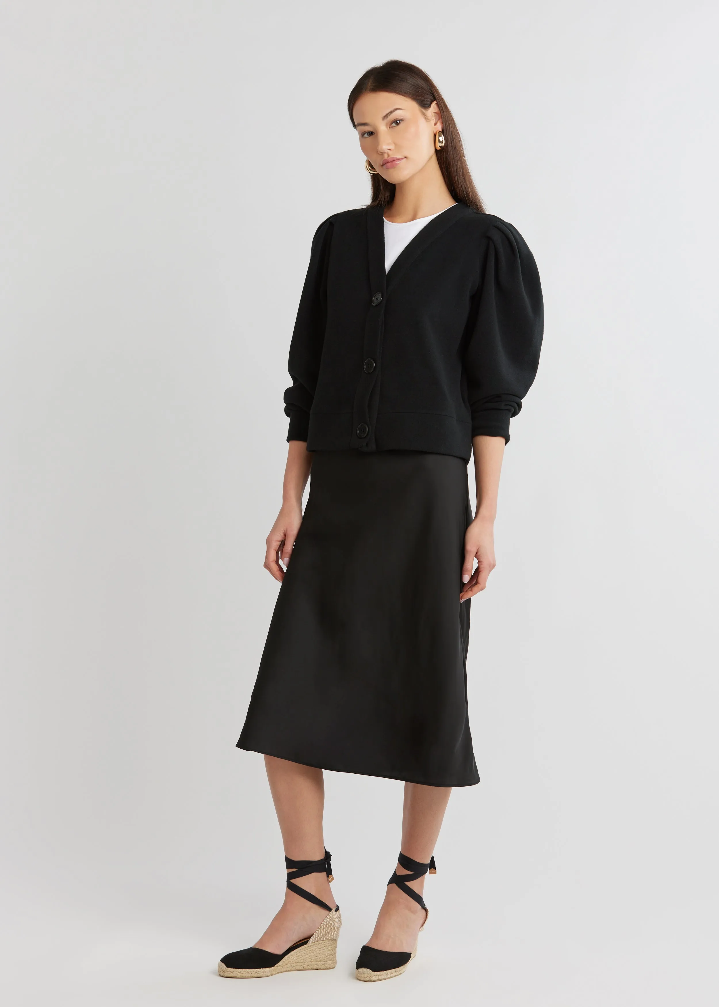 Kelly Puff Sleeve Cardigan in Vello Fleece (Black) sold by Dudley Stephens product image thumbnail 2