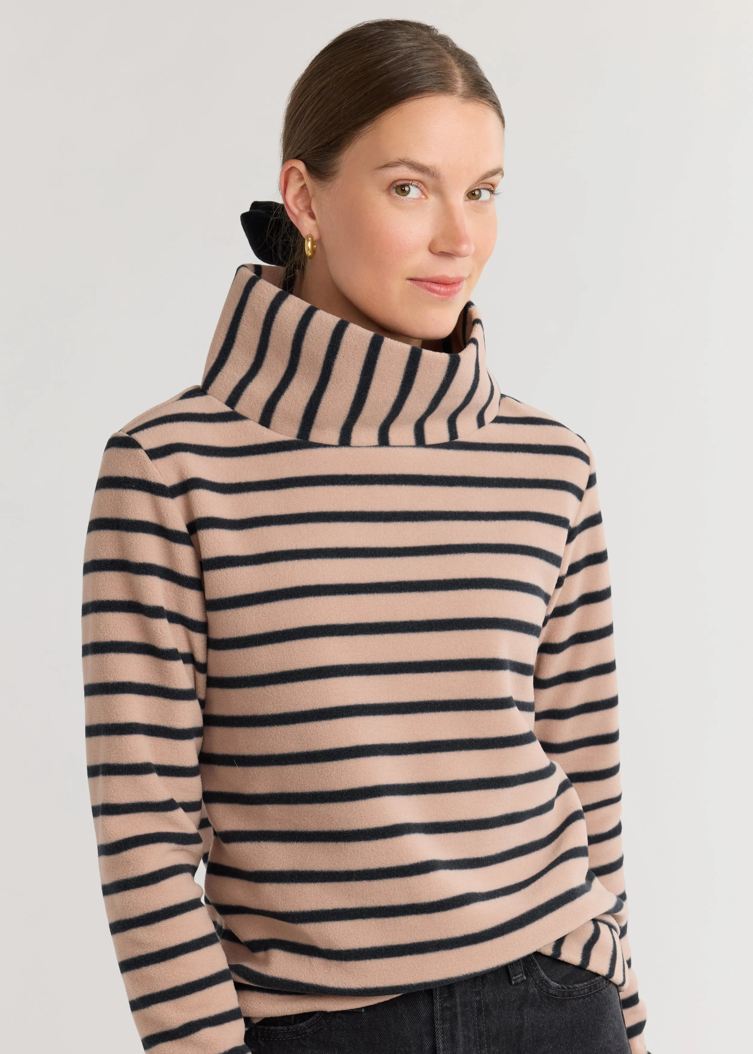 Park Slope Turtleneck in Vello Fleece (Khaki/Black Mariner Stripe) sold by Dudley Stephens