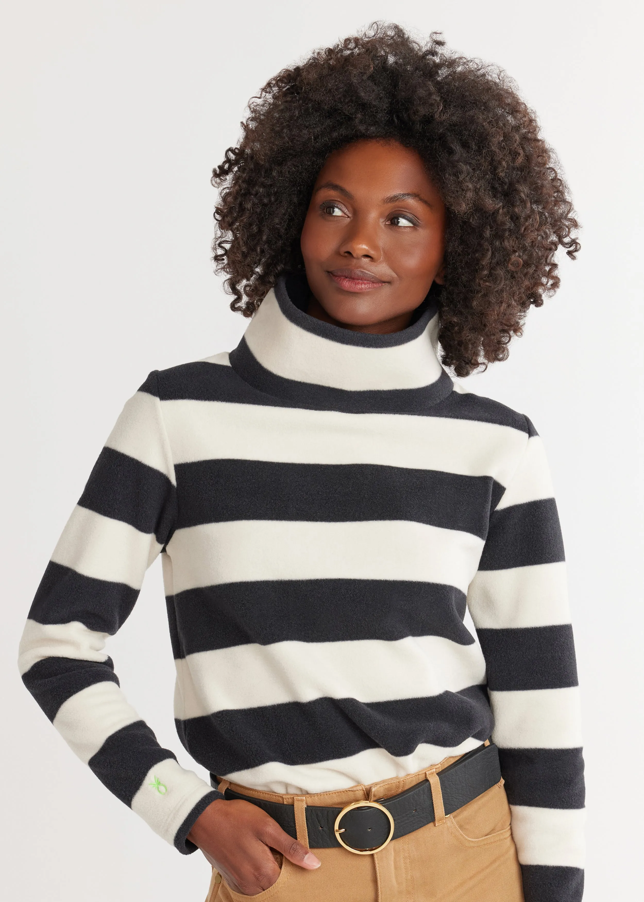 Greenpoint Turtleneck in Vello Fleece (Black/Cream Wide Stripe) sold by Dudley Stephens