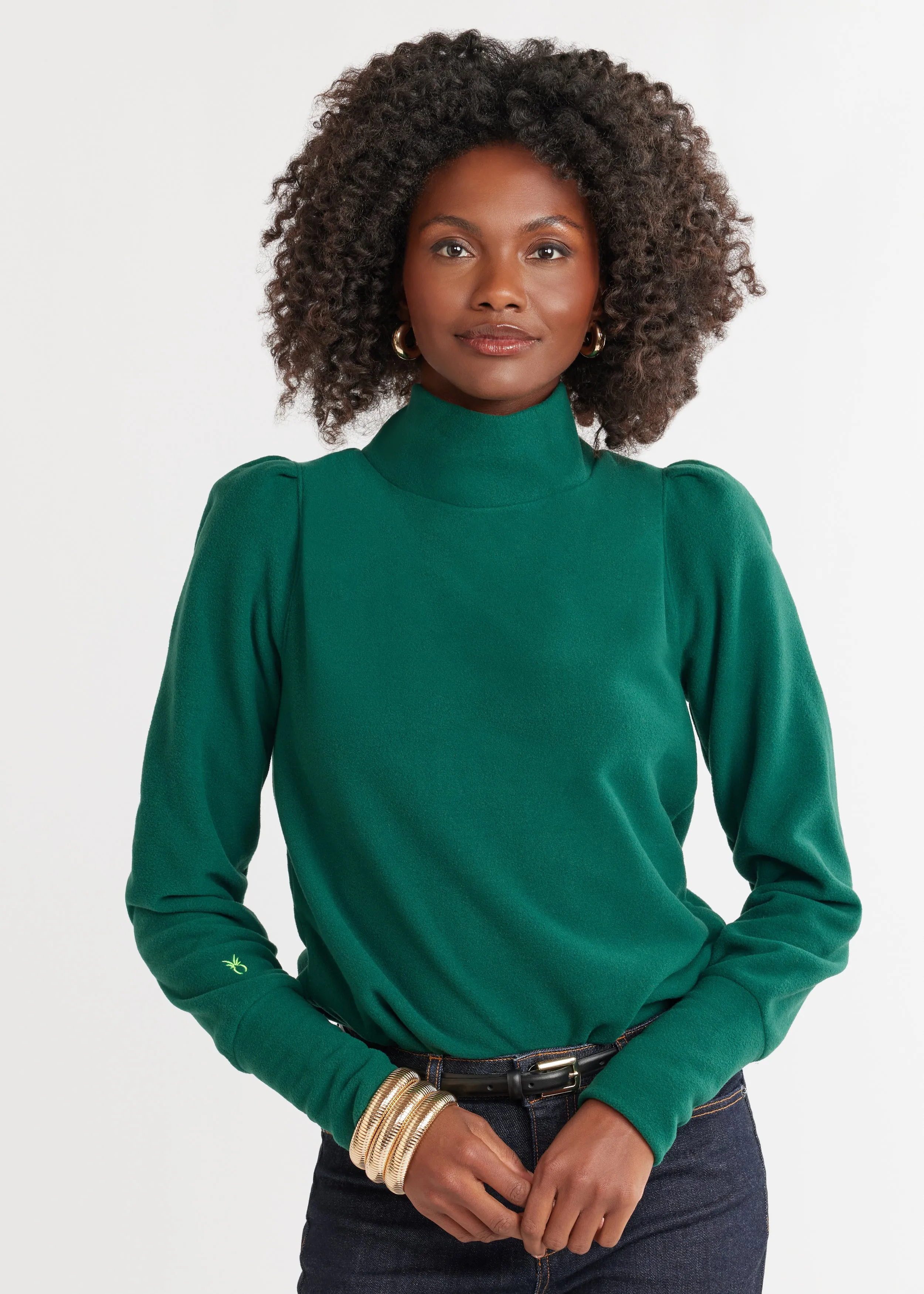 Palace Puff Sleeve Turtleneck in Vello Fleece (Emerald) sold by Dudley Stephens