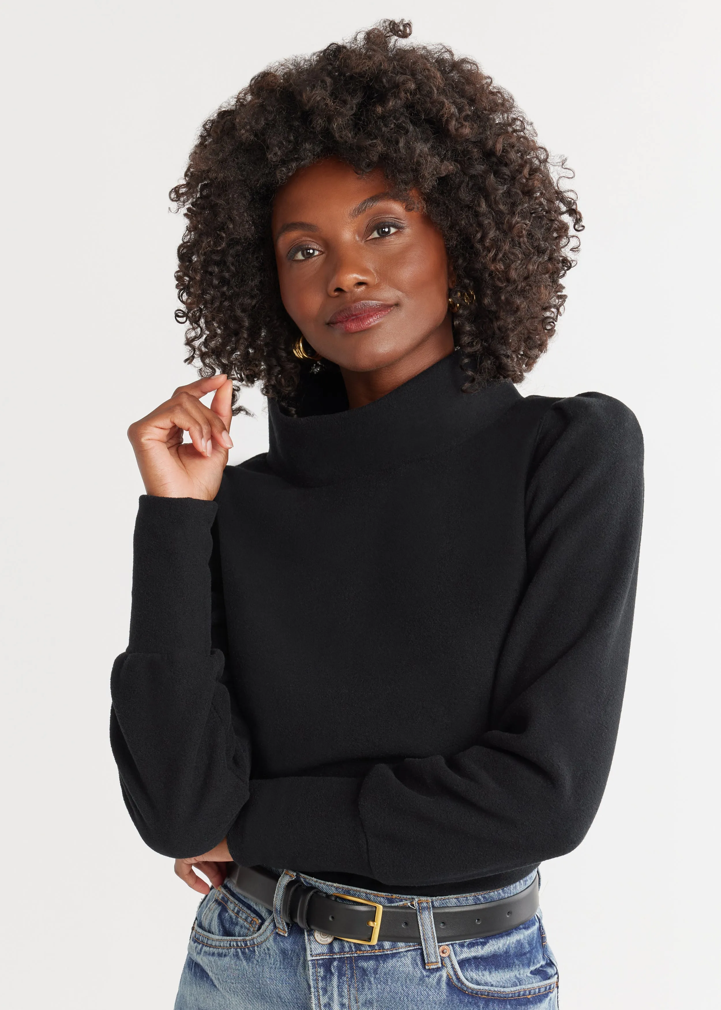Palace Puff Sleeve Turtleneck in Vello Fleece (Black) sold by Dudley Stephens