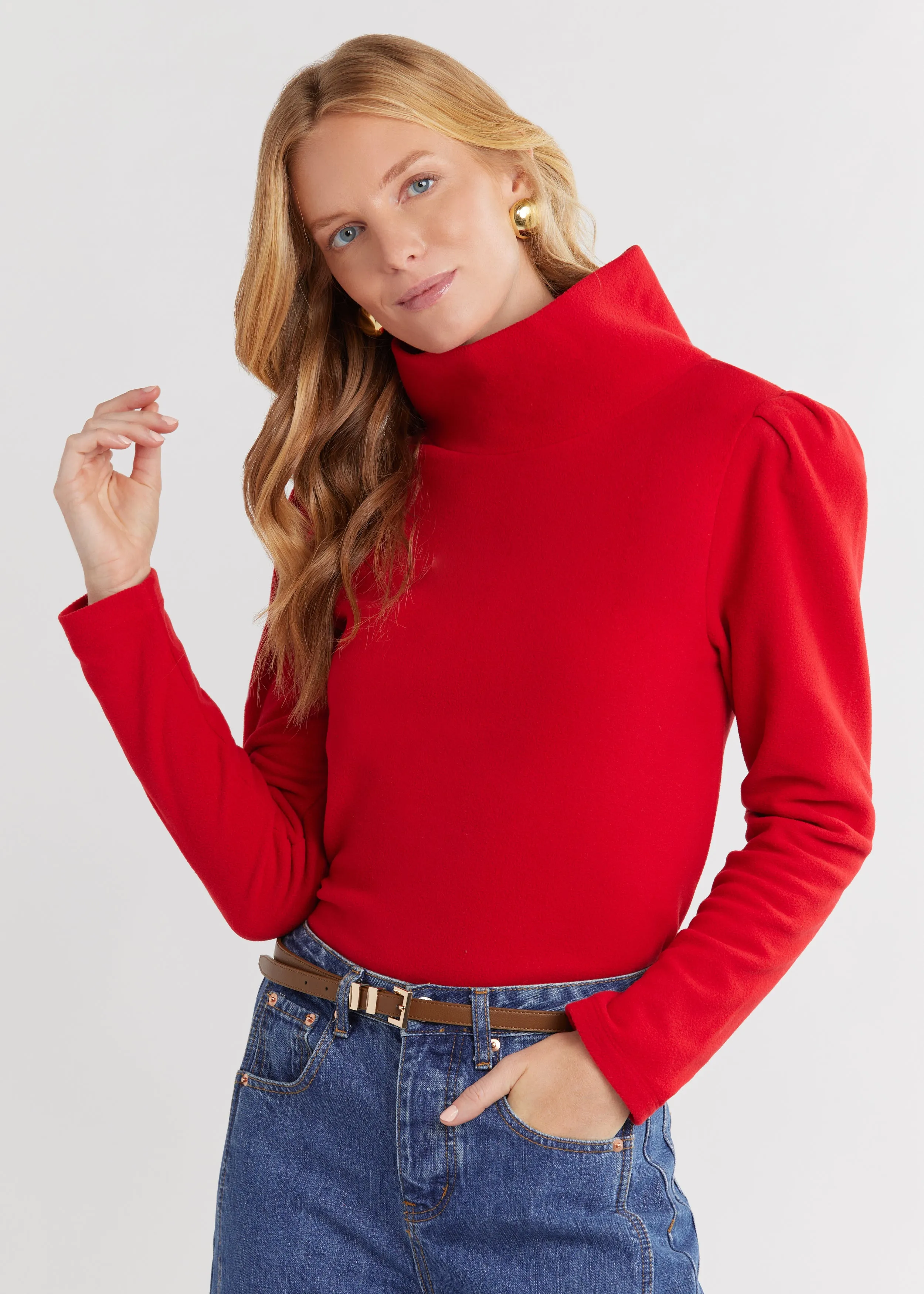 Palmer Puff Sleeve Turtleneck in Vello Fleece (Scarlet) sold by Dudley Stephens product image thumbnail 3