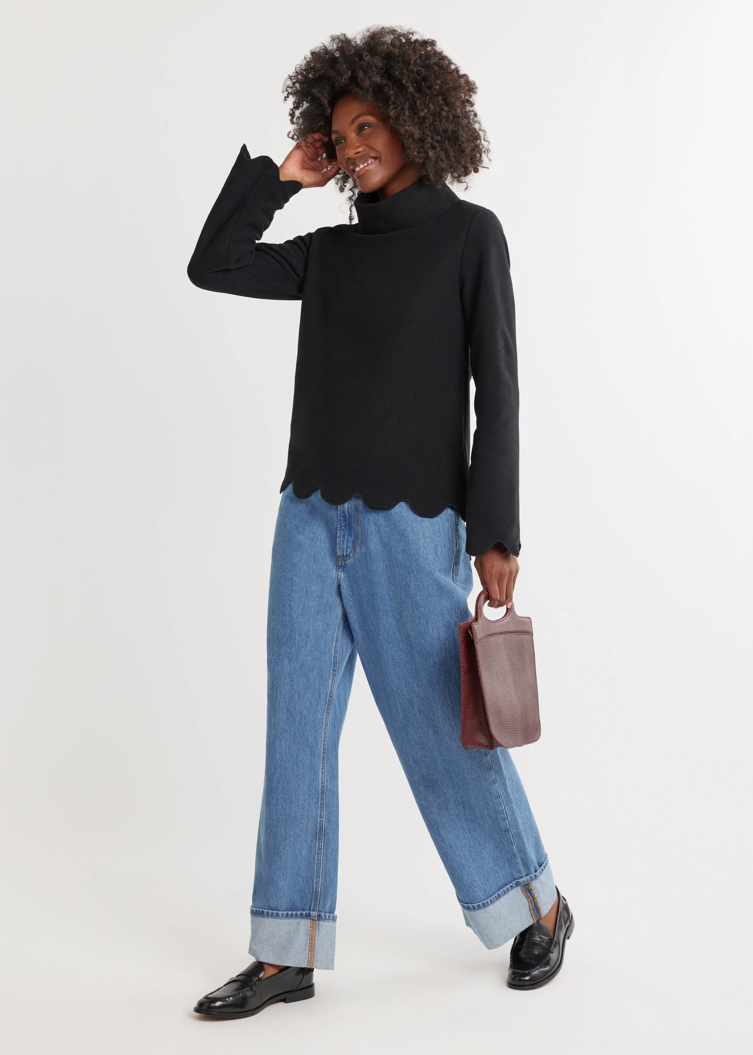 Sutton Scallop Turtleneck in Vello Fleece (Black) sold by Dudley Stephens product image thumbnail 2