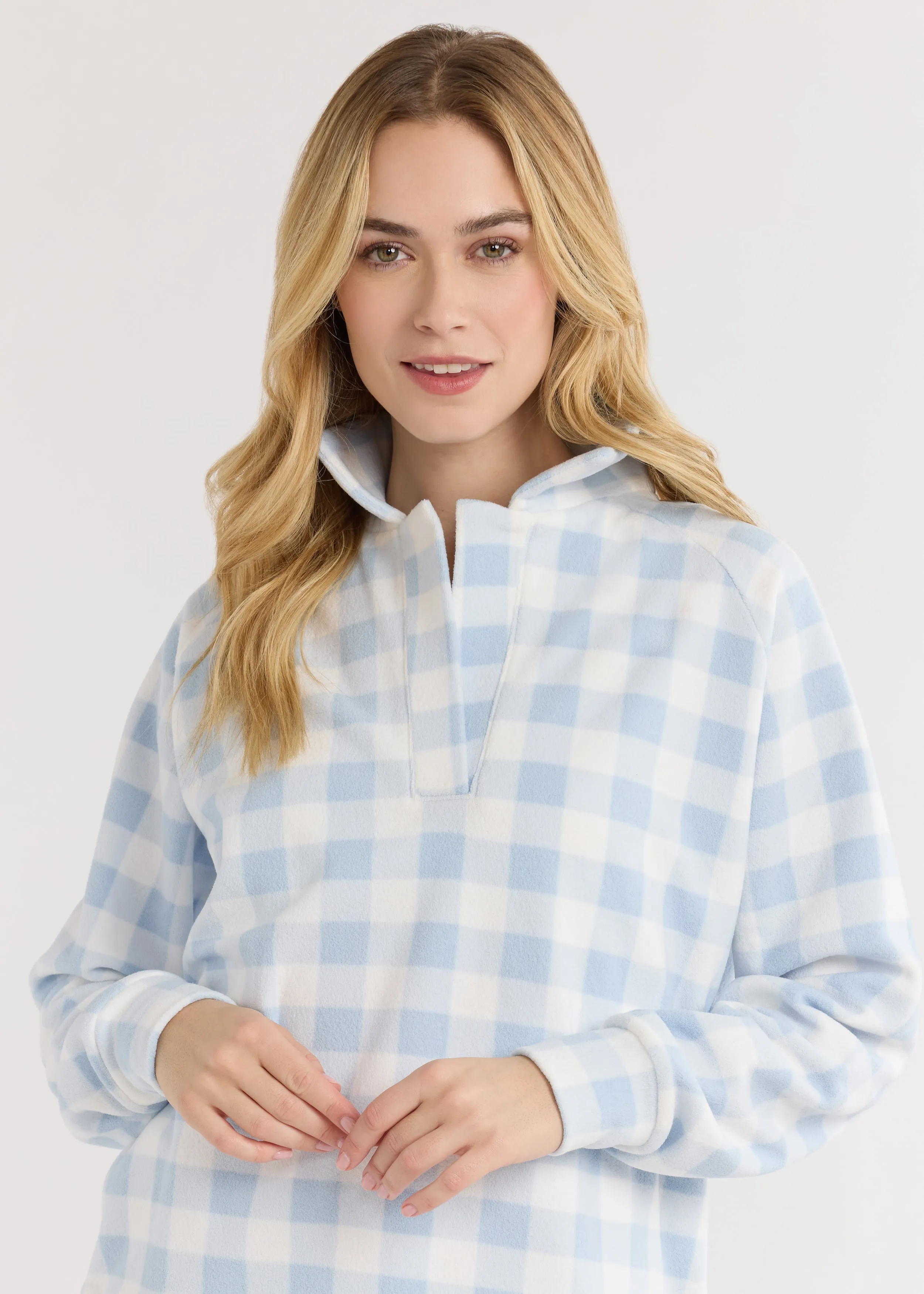 Ingrid Pullover in Terry Fleece (Ice Blue Gingham) sold by Dudley Stephens
