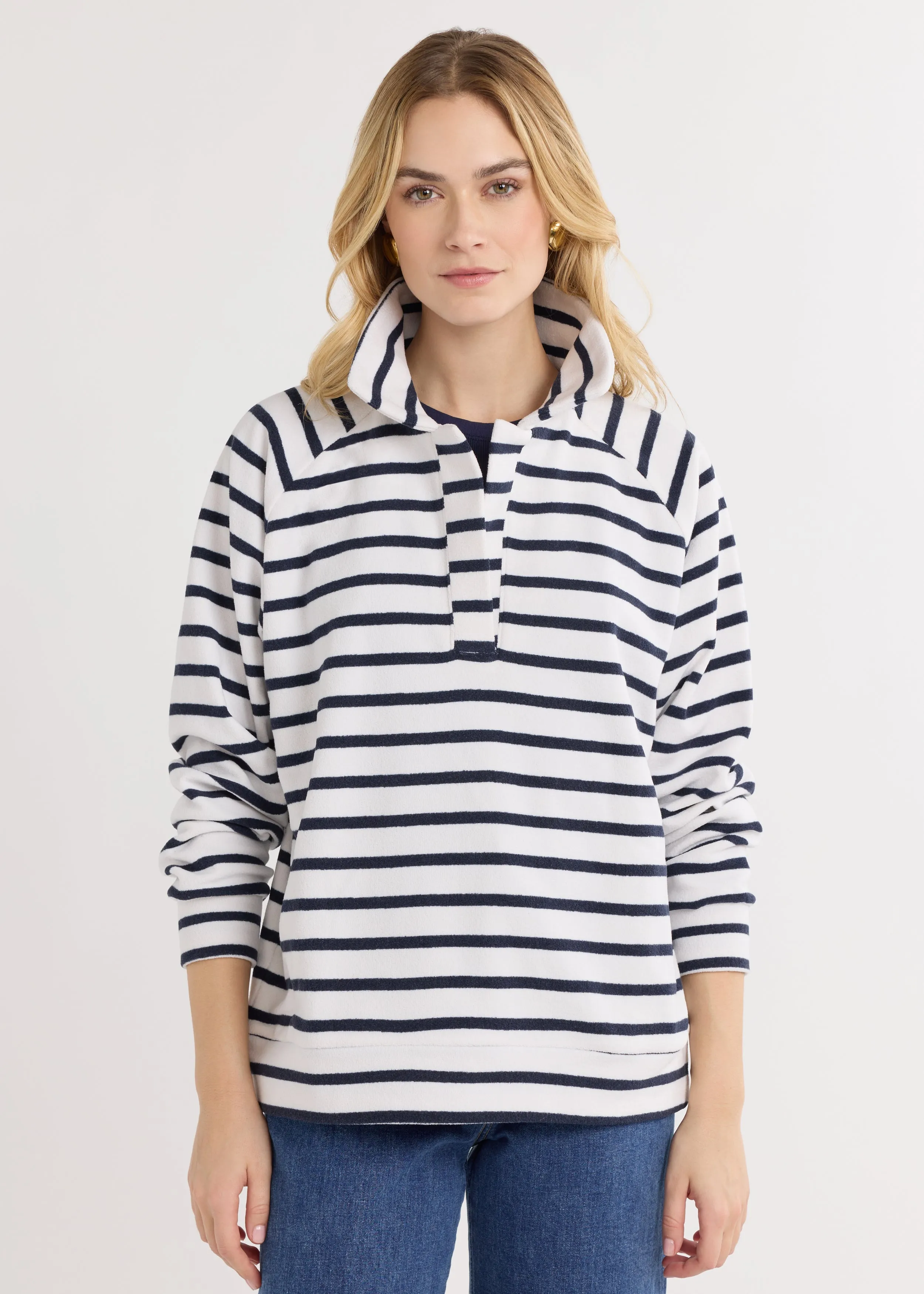 Ingrid Pullover in Terry Fleece (Navy/White Mariner Stripe) sold by Dudley Stephens
