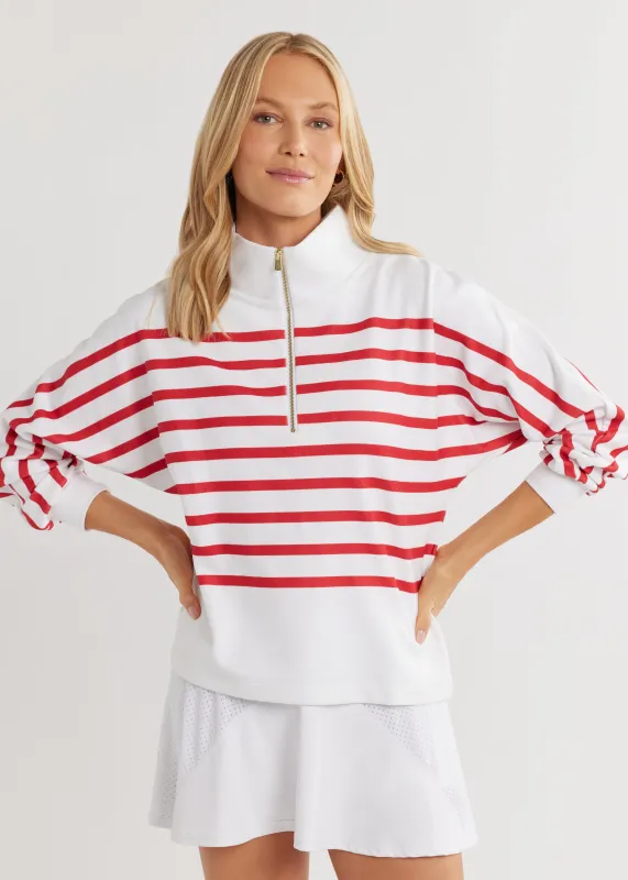 Marion Zip Pullover in Terry Fleece (White/Red Placed Stripe) sold by Dudley Stephens