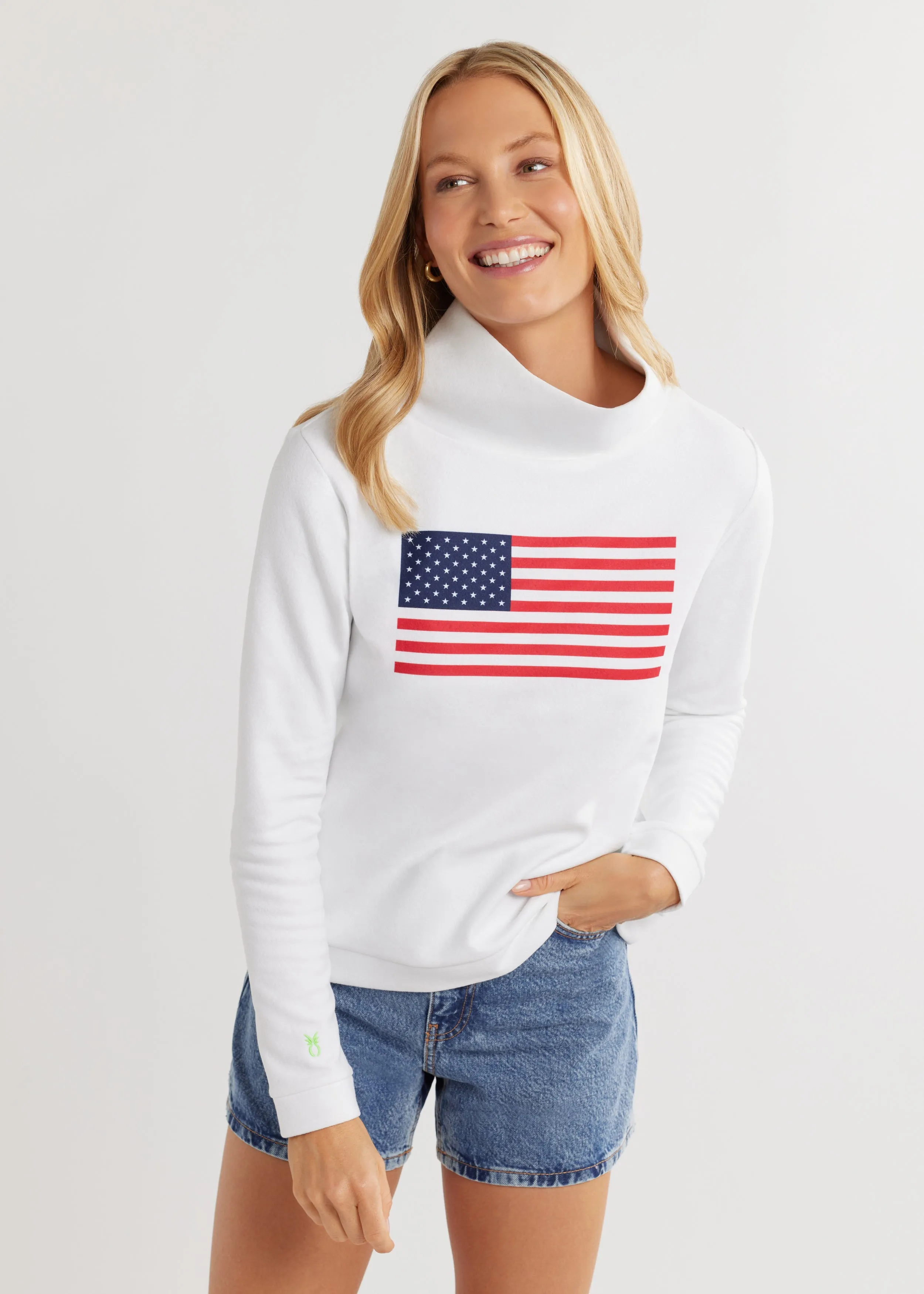 Park Slope Turtleneck in Terry Fleece (White with Placed Flag) sold by Dudley Stephens