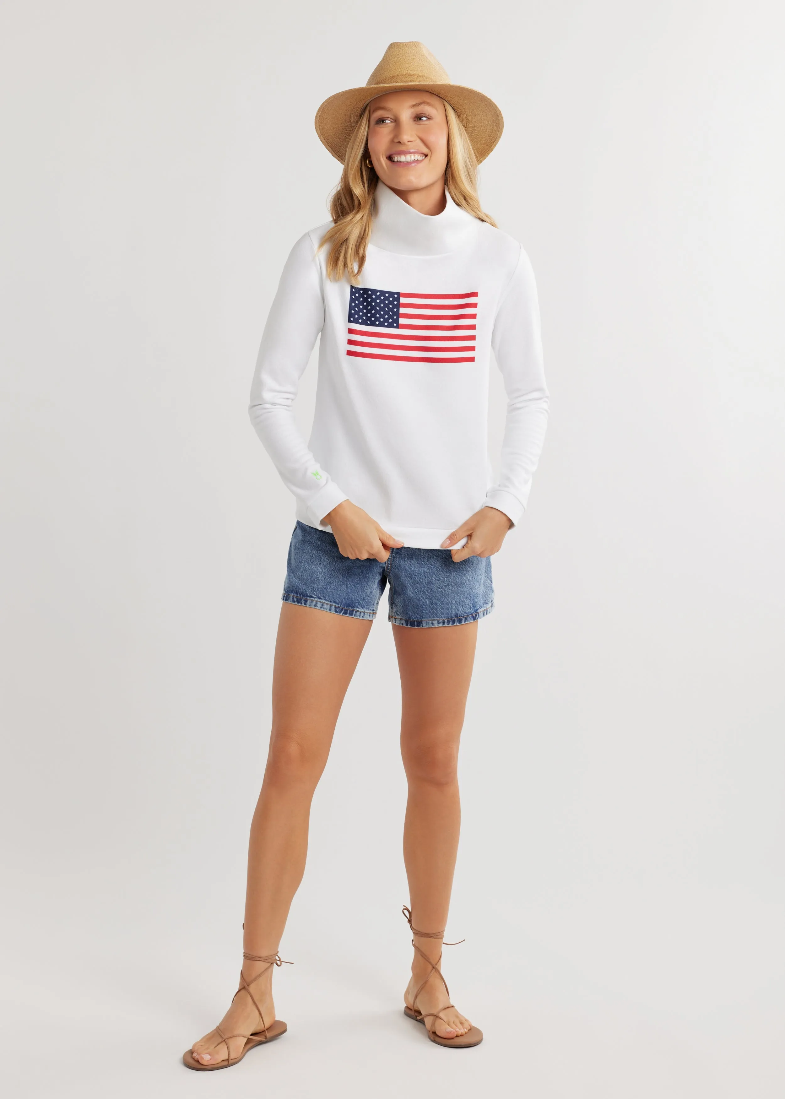 Park Slope Turtleneck in Terry Fleece (White with Placed Flag) sold by Dudley Stephens product image thumbnail 2