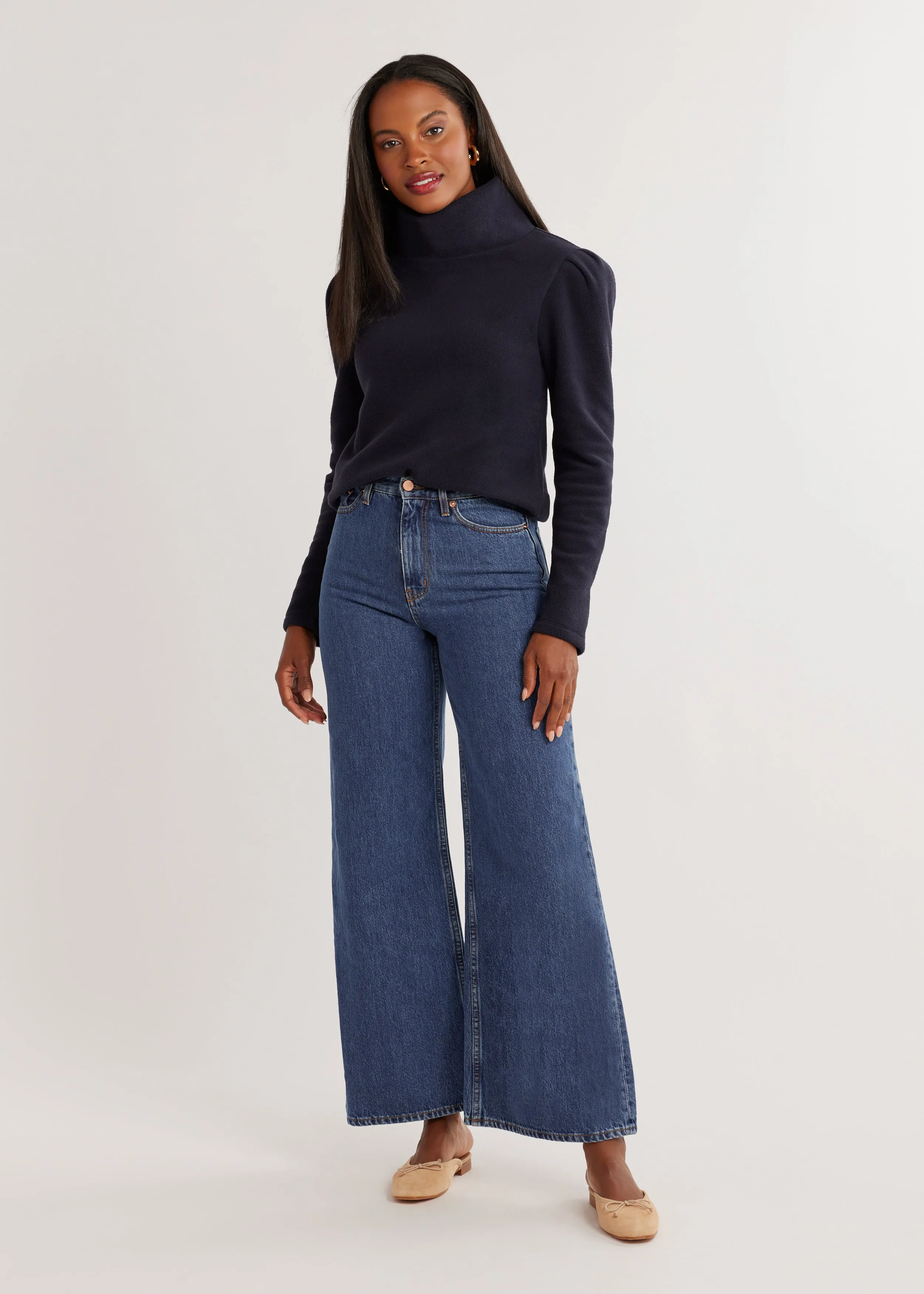 Palmer Puff Sleeve Turtleneck in Vello Fleece (Navy) sold by Dudley Stephens product image thumbnail 3