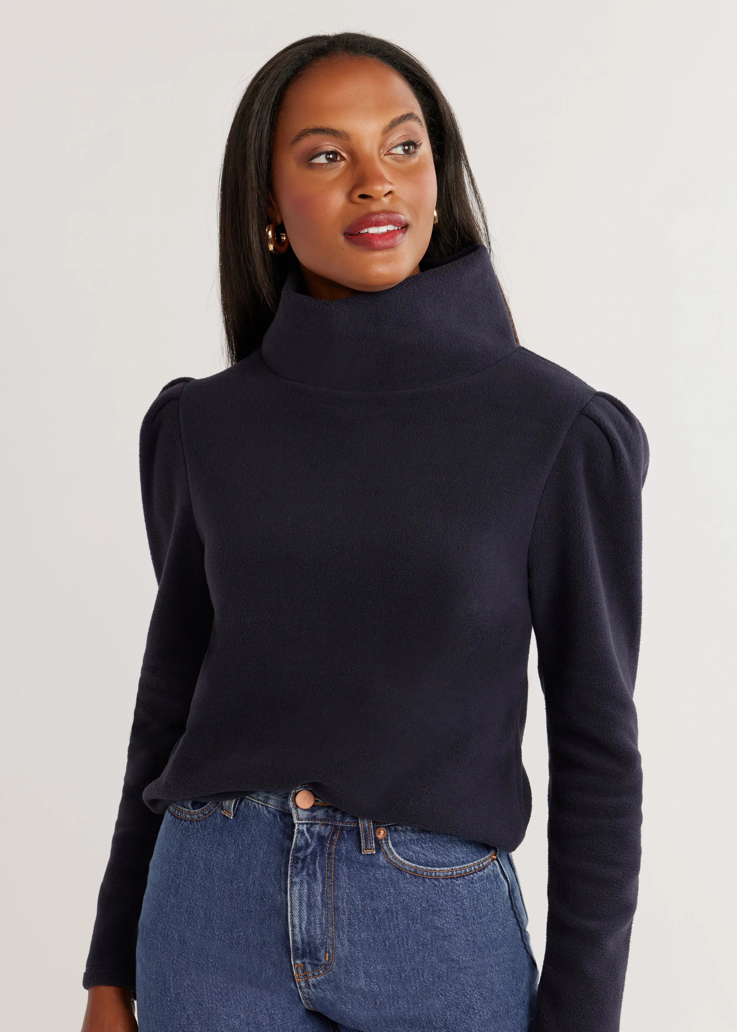 Palmer Puff Sleeve Turtleneck in Vello Fleece (Navy) sold by Dudley Stephens